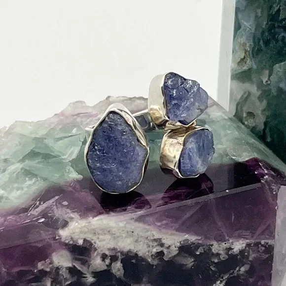 Sterling Silver Raw Amethyst Ring Chunky Triple Stone Size O Stamped 925 - Picture 1 of 12